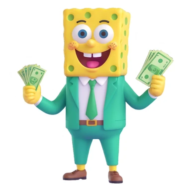 SpongeBob SquarePants wearing a green suit, holding money, cheerful expression sticker