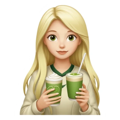 blonde luxury long hair girl with 1 matcha latte and 2 straws sticker