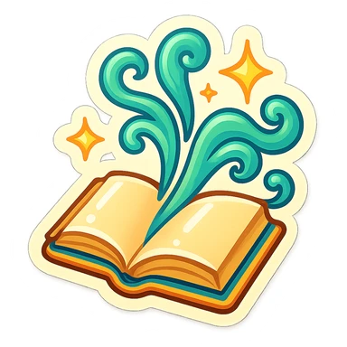 An open book with magical effects and glowing swirls coming out, strong contours, visible shadows, and shiny highlights for a vibrant retro sticker appearance sticker