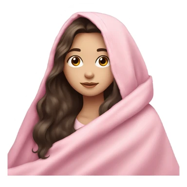 girl with long dark brown hair with pale skin cuddled in a pink blanket sticker