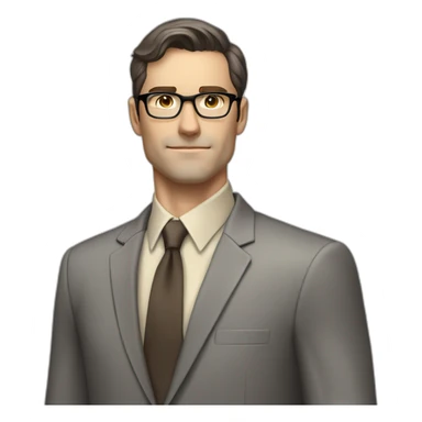 Full height Pale skinned Fit Man With dark brown hair in classic gray suit, beige office shirt, dark gray tie, and vintage glasses. His hands lock sticker