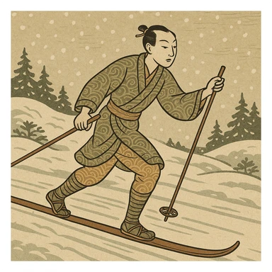 person skiing cross-country, ukiyo-e inspired, snowy background, elegant pose, classic Japanese art style sticker