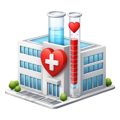 Modern clinic building red cross test tubes heart icon sticker