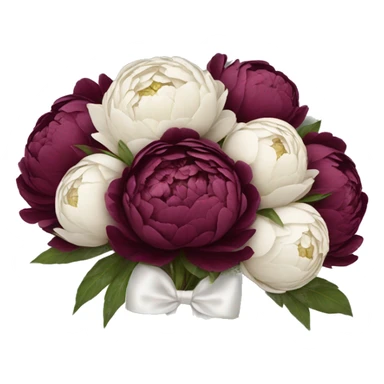 Big bouquet of burgundy peonies with a white satin ribbon sticker