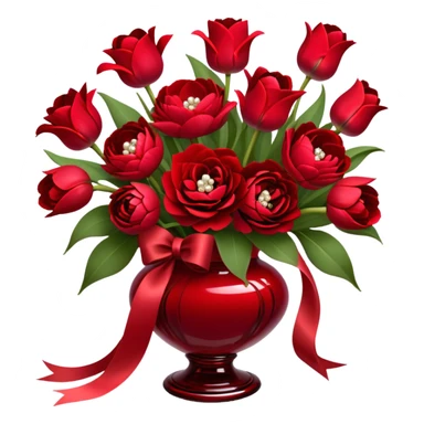 "A luxurious bouquet featuring deep red roses, vibrant red tulips, lush red peonies, and delicate red pansies, all tied together with elegant pearl-colored silk ribbons, arranged in a stunning crimson glass vase, set against a softly lit background."
 sticker