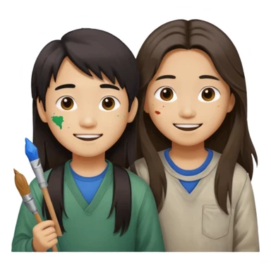 Happy Asian boy with long hair and girl messy painters sticker