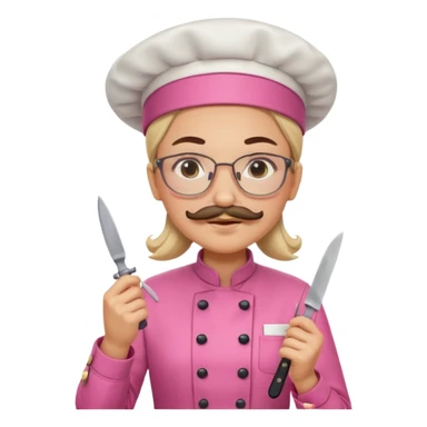 female italian chef, pink uniform, with mustace, wearing glasses, holding knife sticker