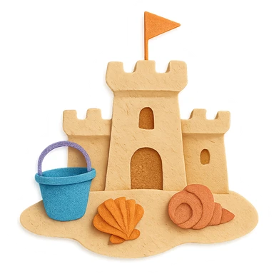 sand castle with seashells and a small bucket, bright colors, paper-craft style sticker