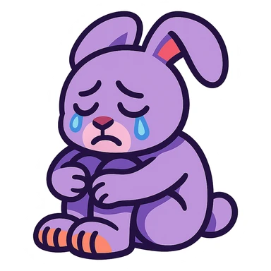 lilac bunny hugging knees while crying, soft emotional expression, vibrant toon style sticker