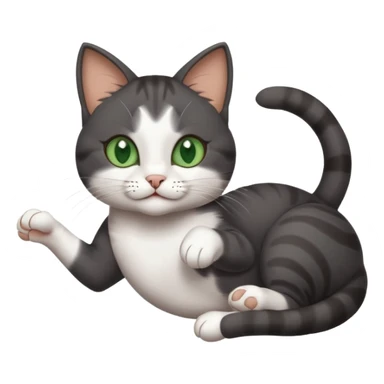 beautiful female solid dark grey cat with green eyes, white toes/paws and white patch on her chest playfully rolling upside down sticker