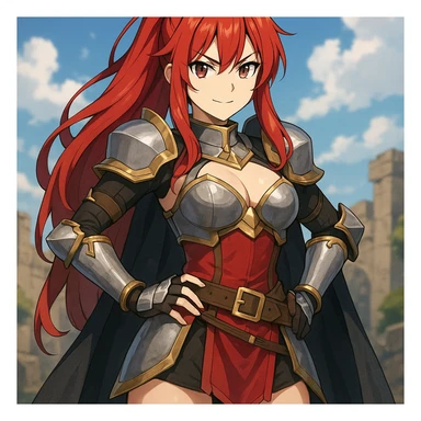 anime style woman with red hair in fantasy armor cosplay, confident pose sticker