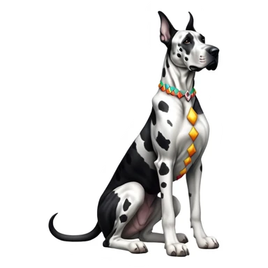 cinematic-[harlequin great dane]-realistic-full-body-sitting-emoji,-tail-resting-loosely-beside-its-paws,-head-tilted-dramatically, ears drooped, -sleek-[black and white]-fur,-simplified-yet-realistic-focused-features,-highly-detailed,-glowing-with-an-almost-sarcastic-glow sticker