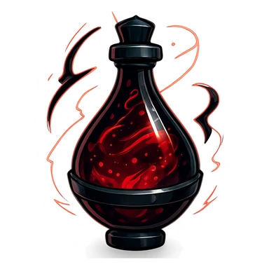 prabangus eliksyro buteliukas, lašo forma, Discord edgy ir cool stilius, tamsiai raudona spalva, juodos ir sidabrinės detalės, daug magiškų efektų, labai mažas kaklelis, vientisas dugnas, skaidrus fonas, buteliukas plūduriuoja ore, be pagrindo ar šešėlio, modernus, kolekcijai tinkamas sticker