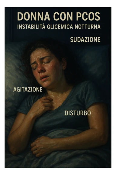 realistic and cinematic illustration of a woman with PCOS sleeping but showing symptoms of nocturnal glycemic instability such as sweating, agitation, discomfort, nighttime atmosphere, detailed realism, Italian captions, vertical 2:3 format sticker