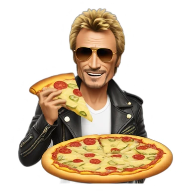 Johnny Hallyday eating a pizza with pineapple sticker