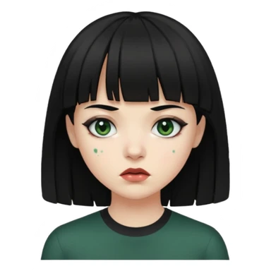 Mulher de franja cabelo preto pele verde bem escuro com a cara machucada com os olhos regalado fundo escuro sticker