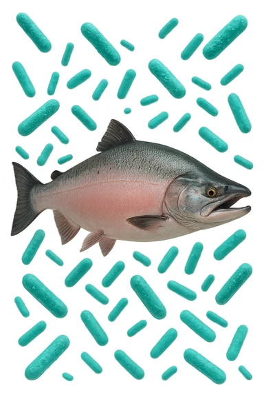 batteri intestinali rosa salmone e turchesi fluttuano in aria, iperrealistici 4k sticker