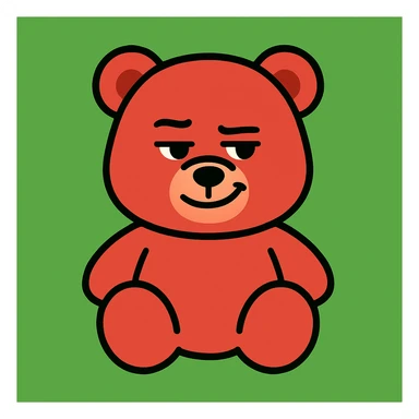 Create a red teddy bear with a smirking expression, simple and clear expression, on a green background. The style should be suitable for editing and versatile for emoji or illustration use. sticker