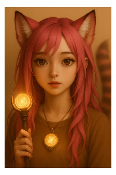 Add a magical accessory such as a glowing staff or enchanted pendant to the catgirl, keeping the realistic anime style and pink hair. sticker