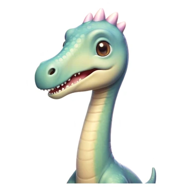 Cinematic Cute Brachiosaurus Portrait Emoji, Head tilted playfully with a warm, endearing smile, featuring a diminutive, almost whimsical head atop an impressively long neck and a sturdy, gentle body, adorned in soft, pastel earthy hues, Simplified yet irresistibly adorable features, highly detailed, glowing with a tender, inviting glow, high shine, affectionate and lively, stylized with a touch of prehistoric whimsy, soft glowing outline, capturing the essence of a playful Brachiosaurus that seems as if it could amble out of the screen into your arms! sticker