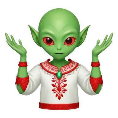 Green alien in Shirt 👚 vyshyvanka, white with red embodiary on sleeved sticker