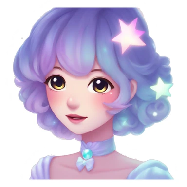 Gorgeous pastel anime style lady blushing nebula-gradient-sparkle face dreamy idol model colorful shiny stars galaxy kawaii cottagecore pearly petite simplistic aesthetic trending style sticker