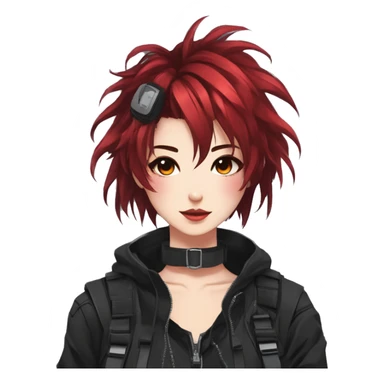 Gorgeous techwear anime style lady with blushing face aesthetic and pretty edgy black red punk hair with messy hair and collar and harness trending style sticker