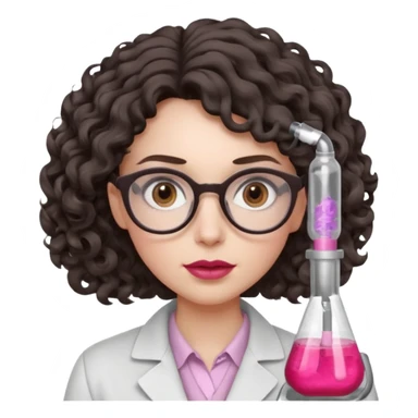 A crazy female scientist, with curly-wavy dark brown medium lenght hair, brown eyes and light grey glasses and pale skin and pinkish lips, dressed to look like an english teacher but in neutral tones like grey black white, maybe with the pop of dark red, with no girly colors,  sticker