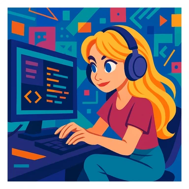 Sabrina Carpenter as a programmer, focused on screen, headphones on, techy background, dynamic pose, lively illustration sticker