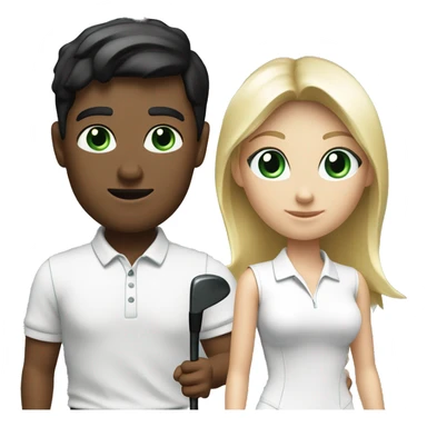 Blond white men green eye wearing white golf outfit, and black hair white woman with brown eye woman wearing black golf outfit playing golf. sticker