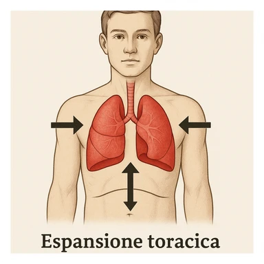 front view with highlighted lungs, lowered diaphragm, arrows showing thoracic expansion, caption in Italian sticker