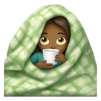girl inside a blanket sipping coffee, cucumber slices on eyes sticker