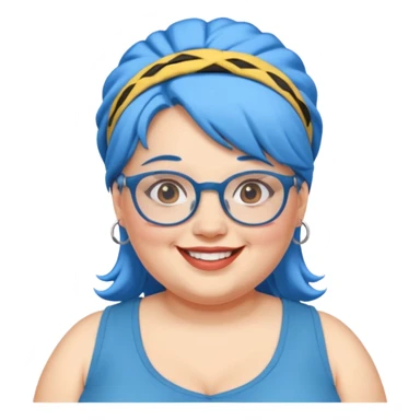 fat woman with blue hair and glassess and headband sticker