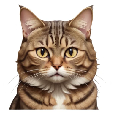 Cinematic Meme-Worthy Grumpy Brown Tabby Cat Portrait Emoji, Head held high but eyes filled with dramatic disappointment, fluffy brown fur with striking tabby markings, signature M-shaped forehead furrowed into an unmistakable scowl, large ears slightly angled back in disapproval, piercing golden-green eyes glaring with pure exasperation, Simplified yet hilariously over-exaggerated features, highly detailed, glowing with an aura of supreme annoyance, high shine, exhausted yet judgmental, stylized with an almost regal pettiness, bright but brooding, soft glowing outline, capturing the essence of a feline that has seen it all and is thoroughly unimpressed, so meme-worthy it feels like it could instantly become the next viral sensation of grumpiness! sticker