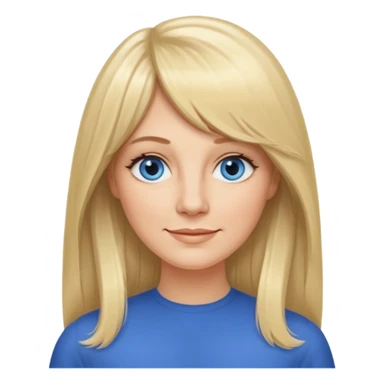 40 yr old white woman, curtain bangs, very long straight blond hair, oval face, small smile, blue eyes, thin oval face, hair down to elbows sticker