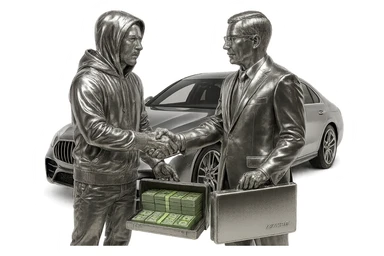 Add natural skin colors to the white man and the Chinese man, keep the chrome hoodie, and add green color to the dollar bills in the briefcase. Keep the AMG car as is. Transparent background. sticker