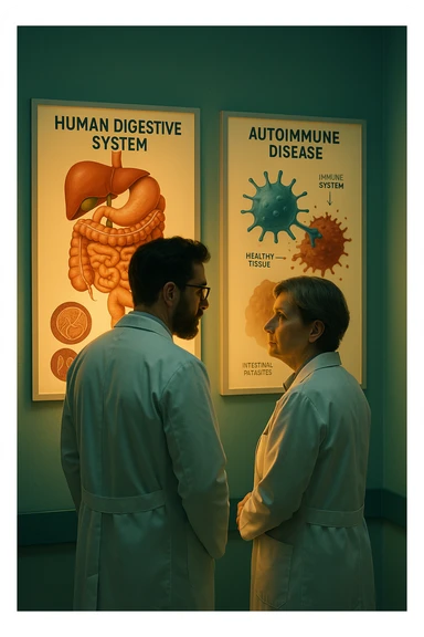 In italiano Realistic, detailed photo taken from behind of two doctors—a bearded man and a middle-aged woman—standing side by side in a modern medical office, intently studying a large, illuminated medical chart on the wall. The chart displays a detailed diagram of the human digestive system, highlighting the intestines and showing microscopic images of intestinal parasites. Next to it, another chart illustrates the immune system attacking healthy tissues, visually connecting gut parasites to autoimmune disease mechanisms. The room is bathed in a single green-blue color, with a warm, yellow-orange light casting soft shadows around the doctors. Both wear white coats and have serious, focused expressions, suggesting a deep discussion about the root causes of autoimmune conditions. Shot with a Canon EOS R5, with high detail, natural depth of field, and a clinical yet dramatic atmosphere. sticker