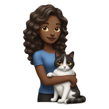 long wavy haired brown skin woman holding black and white cat sticker