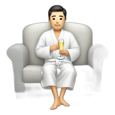A Korean man in a bathrobe on the sofa with a glass of champagne sticker