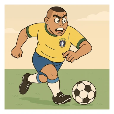 cartoon illustration of Ronaldo Fenômeno, dribbling a soccer ball, wearing Brazil kit sticker