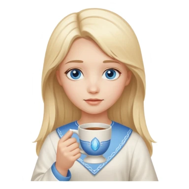 angelic blonde girl with middle length hair and blue eyes holds a cup sticker