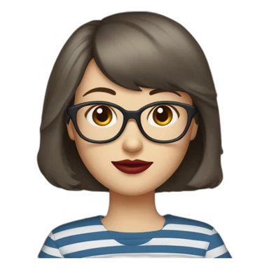 caucasian woman with retro glasses, dark brown hair, a bob haircut, bangs, red lipstick, blue and white striped t shirt sticker
