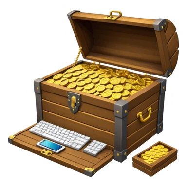 A high-quality 3D emoji of an open wooden treasure chest overflowing with high-end gaming hardware. The design is isometric, featuring sleek laptops, powerful graphics cards with visible fans, and small CPU chips scattered like gold coins. Apple emoji style. sticker