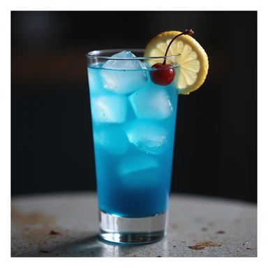 realistic blue lagoon cocktail in tall glass with blue drink, lemon wedge and cherry garnish, photorealistic style sticker