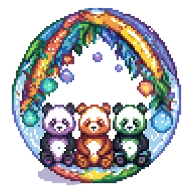 Cinematic still pandas bears sitting inside bubbles flying around San Francisco downtown, sunny summer day, happy vibe, colorfull surround, rainbow sticker