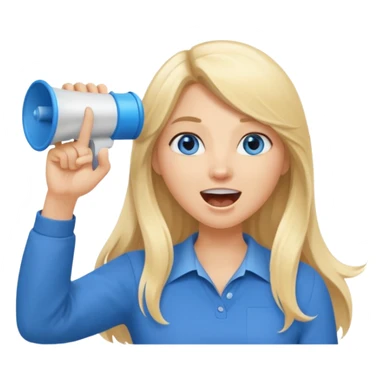  blue eyes blonde girl yelling into megaphone smiling long hair holding up finger sticker