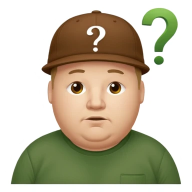 white fat man with brown cap and green t shirt printeed a question mark sticker