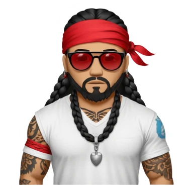 Samoan male. Chin goatee.
Larger XL loose fitting white t-shirt. 
Red bandana. 
Black jeans. 
long black braided hair.
very muscular.
More tattoos. 
Tough and menacing.
All black straight-framed sunglasses. sticker
