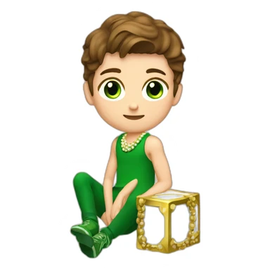 Posh-muscle-boy-brown-hair-green-eyes-pearl-necklace-sitting-on-golden-cube sticker