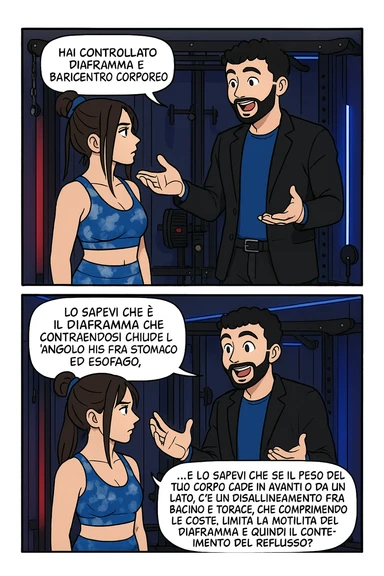 TRASFORMA QUESTO CAROSELLO IN UN FUMETTO STILE WEBTOON/MANGA A COLORI CON QUESTE DUE PERSONE IDENTICHE CHE INTERLOQUISCONO TRA LORO, L'uomo sta spiegando alla donna questo concetto:

LUI (UOMO): Hai controllato diaframma e baricentro corporeo?
LUI (UOMO): Lo sapevi che è il diaframma che contraendosi chiude l’angolo his fra stomaco ed esofago, contenendo la risalita degli acidi grassi?
LUI (UOMO): …e lo sapevi che se il peso del tuo corpo cade in avanti o da un lato, c’è un disallineamento fra bacino e torace, che comprimendo le coste, limita la motilità del diaframma e quindi il contenimento del reflusso? sticker